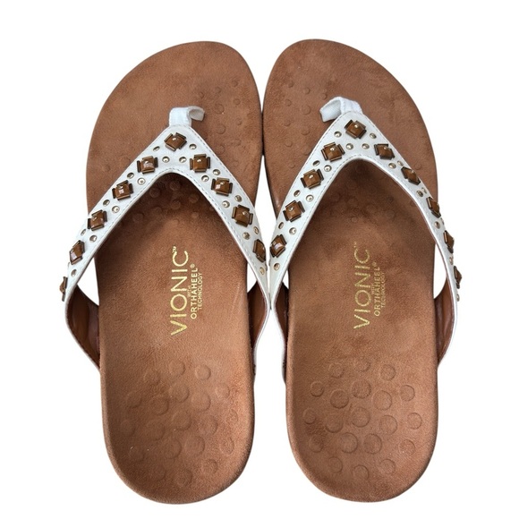 Vionic Orthaheel Floriana Thong Sandals Size 9 WIDE White Leather Embellished - Picture 15 of 16